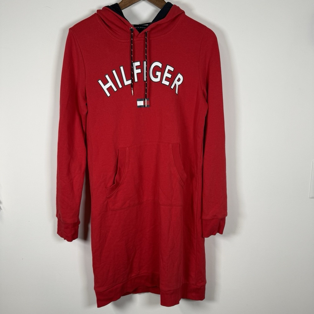 Vintage Tommy Hilfiger Women's Hooded Sweatshirt Dress Logo Size Small Red